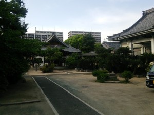 敷地内に幾つかの御堂（？）があります。博多駅近くの市街地ですので向うの方はビルが見えますね。